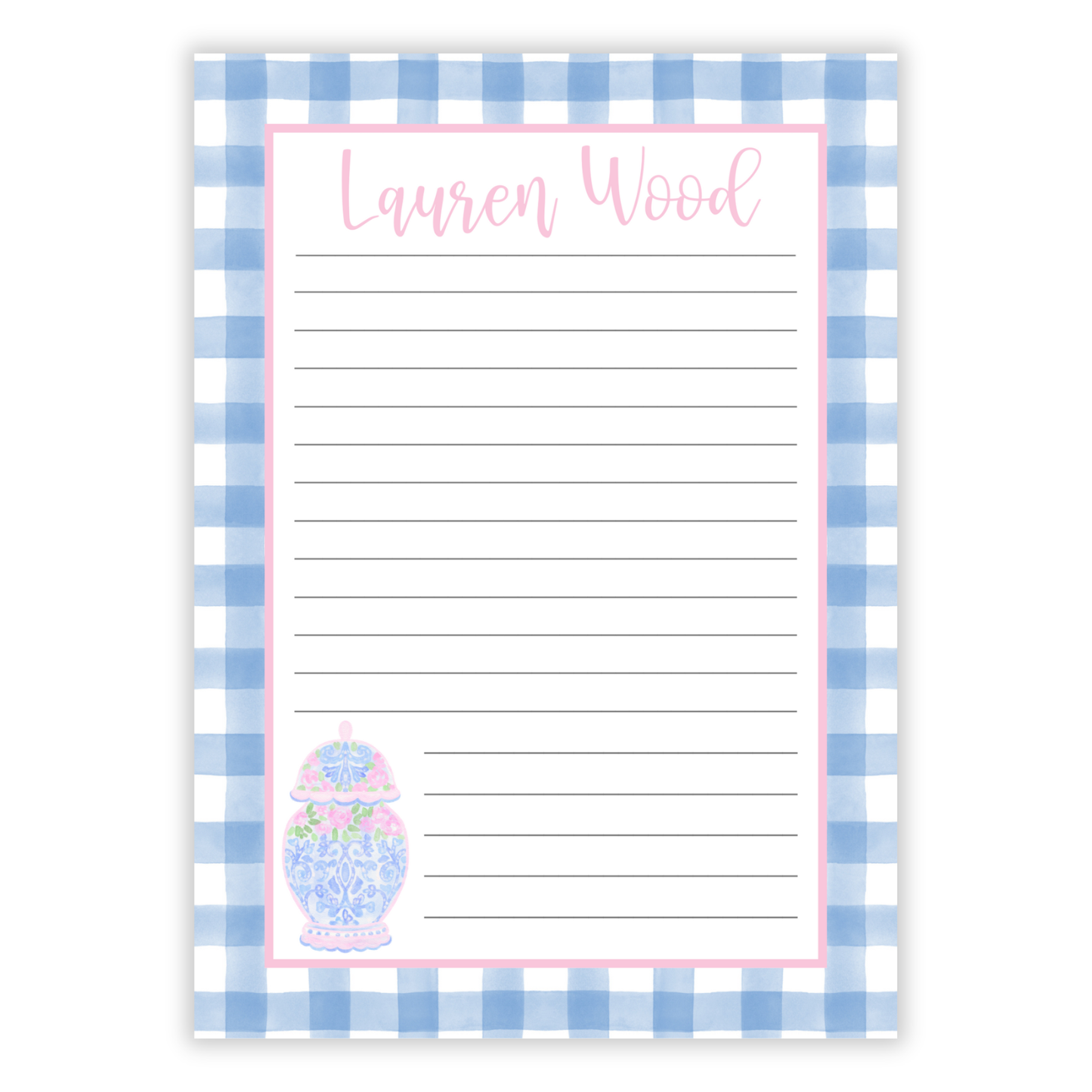 Blue Gingham Pink Ginger Jar Notepad