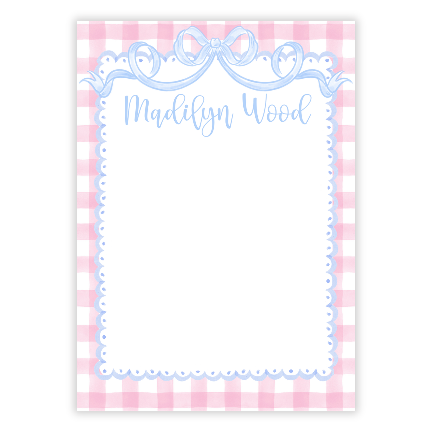 Pink Gingham Blue Bow Notepad