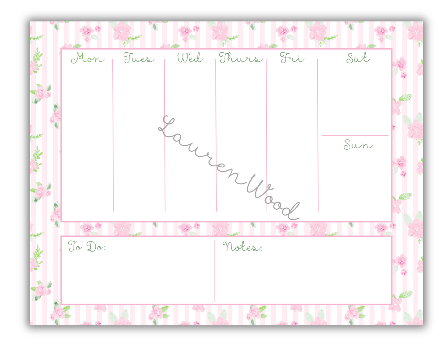 Weekly planner with floral border and 'Lauren Wood' branding on a white background