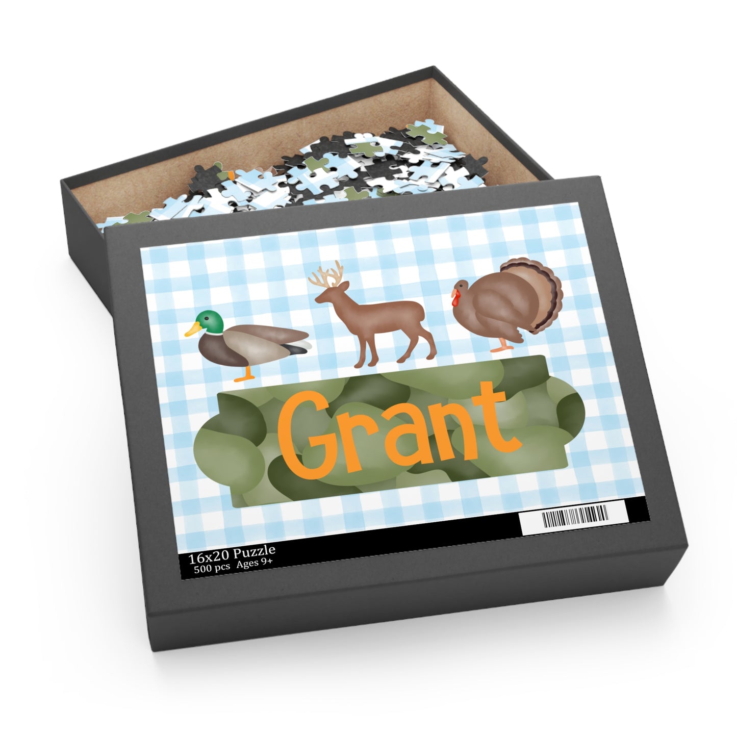 Personalized Kids Hunting Animals Puzzle — Name Puzzle with Duck, Deer & Turkey (120/252/500 pcs)