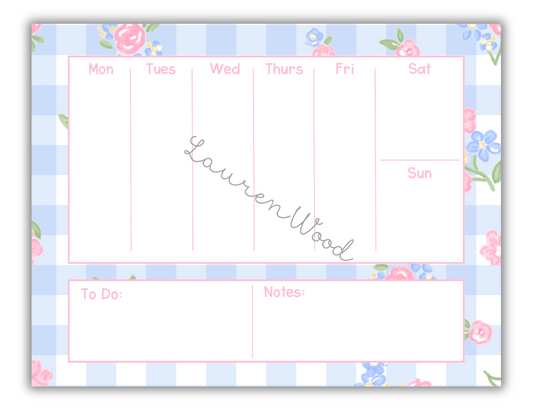Blue Gingham Pink Floral Bows Weekly To-Do List Notepad