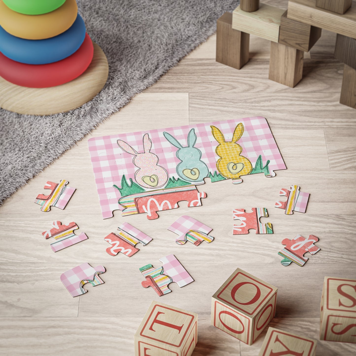 Personalized Kids Puzzle — Easter Bunny Trio 30-Piece Puzzle (Custom Name)