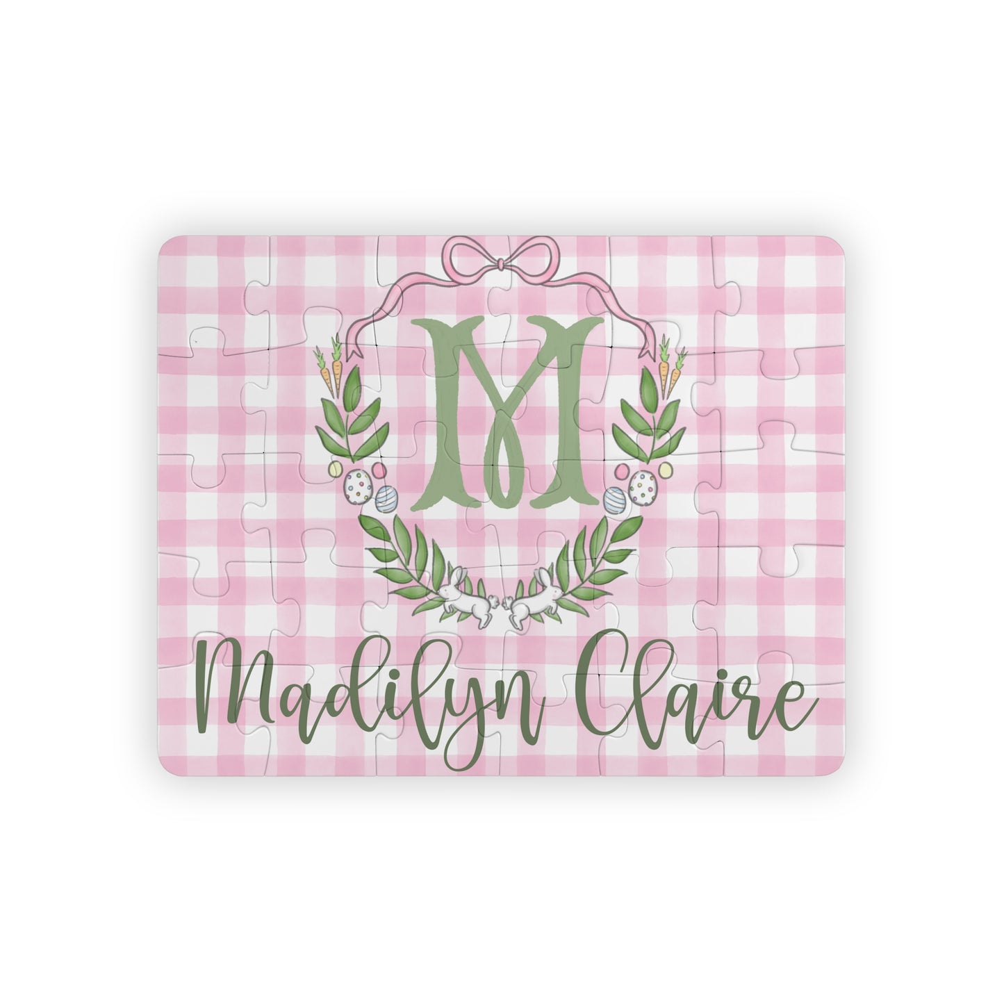 Personalized Kids Puzzle – Pink Gingham Monogram & Name, 30-Piece Toddler Puzzle