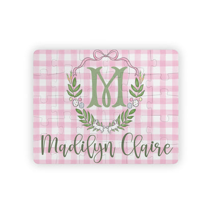 Personalized Kids Puzzle – Pink Gingham Monogram & Name, 30-Piece Toddler Puzzle