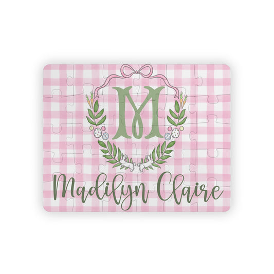 Personalized Kids Puzzle – Pink Gingham Monogram & Name, 30-Piece Toddler Puzzle