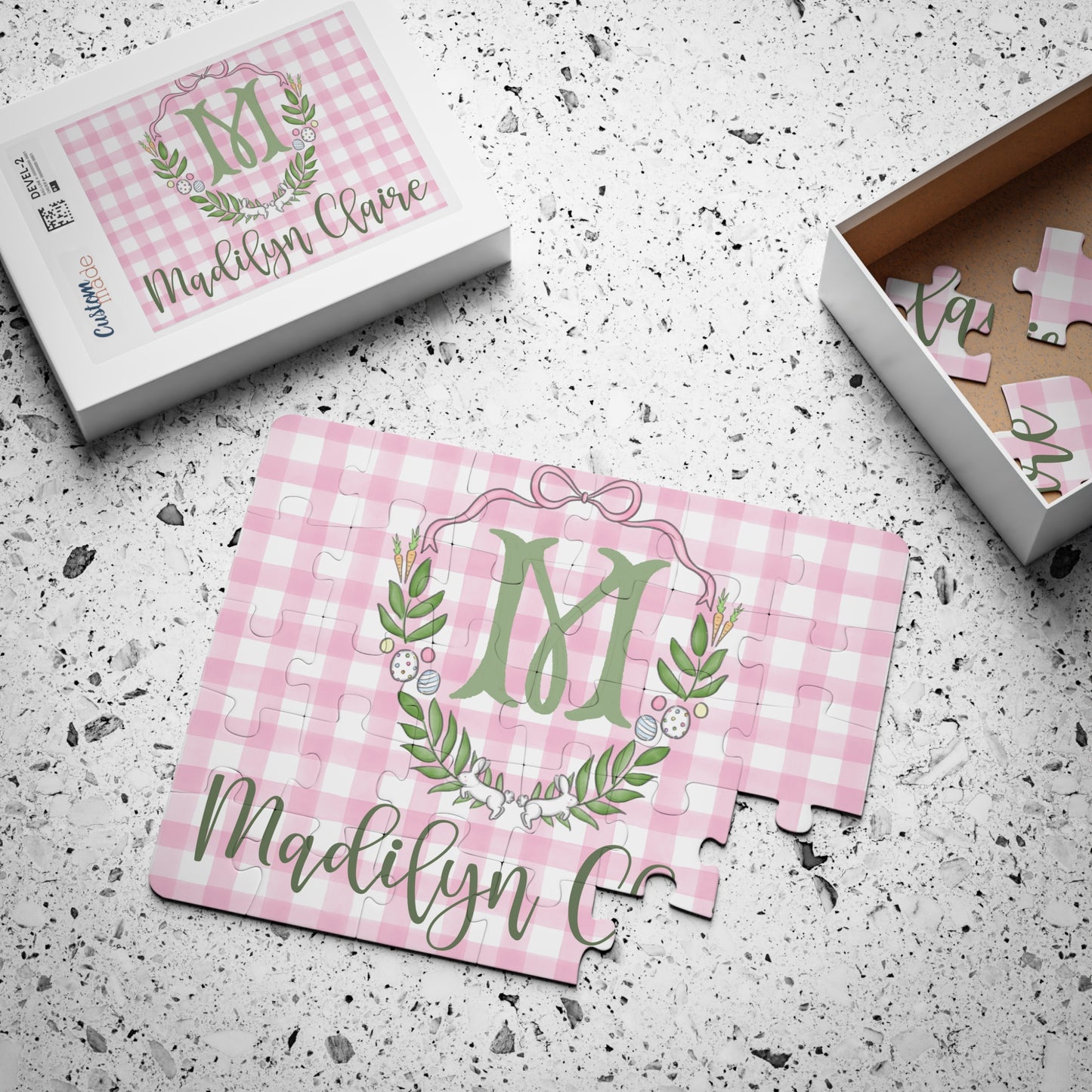 Personalized Kids Puzzle – Pink Gingham Monogram & Name, 30-Piece Toddler Puzzle