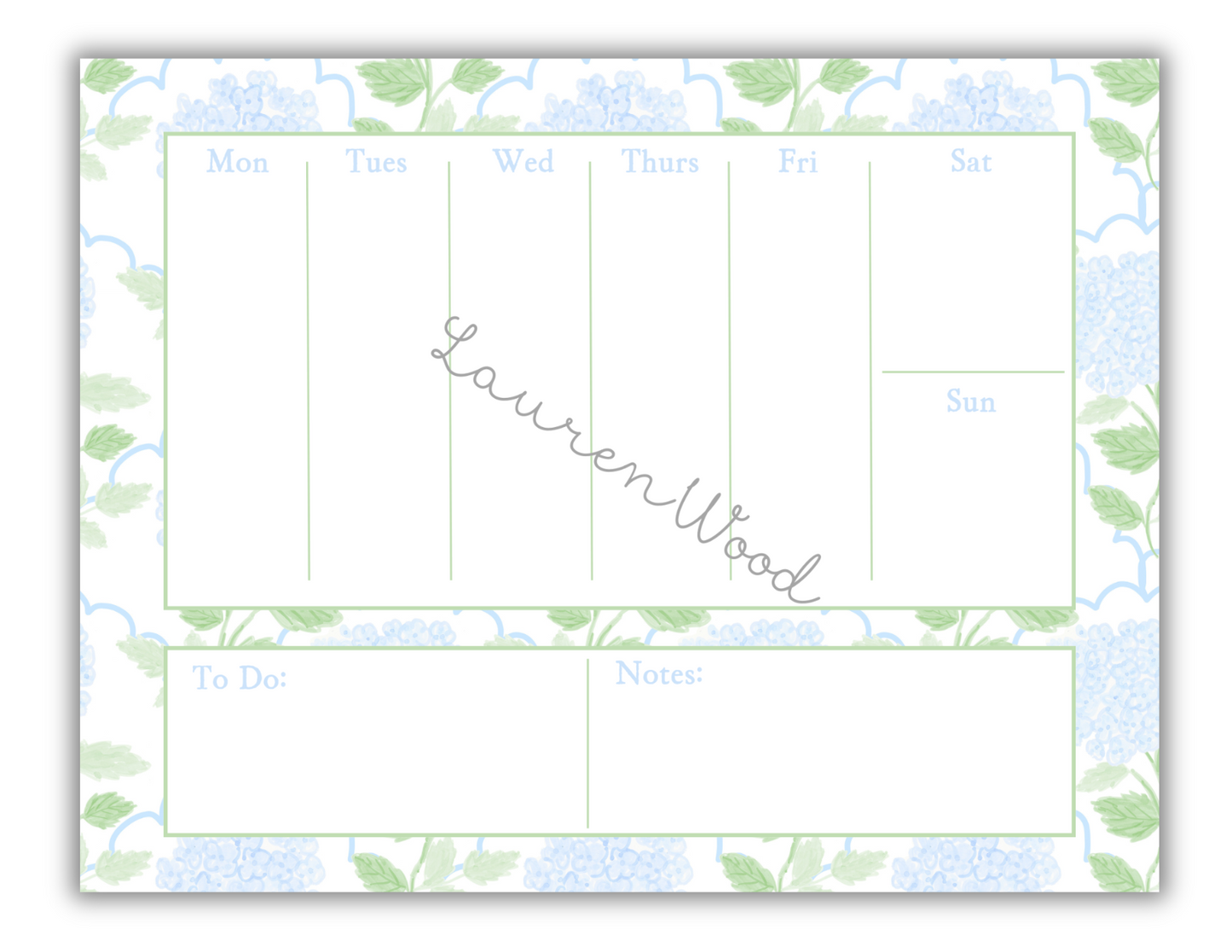 Weekly planner with floral border and 'Lauren Wood' branding