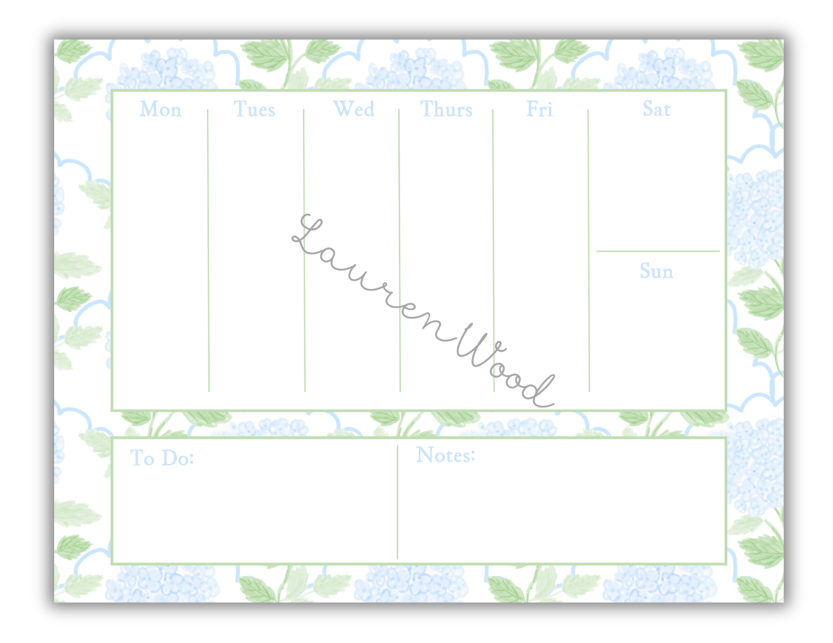 Weekly planner with floral border and 'Lauren Wood' branding
