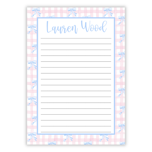 Pink Gingham Blue Bows Notepad