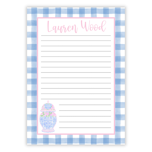 Blue Gingham Pink Ginger Jar Notepad