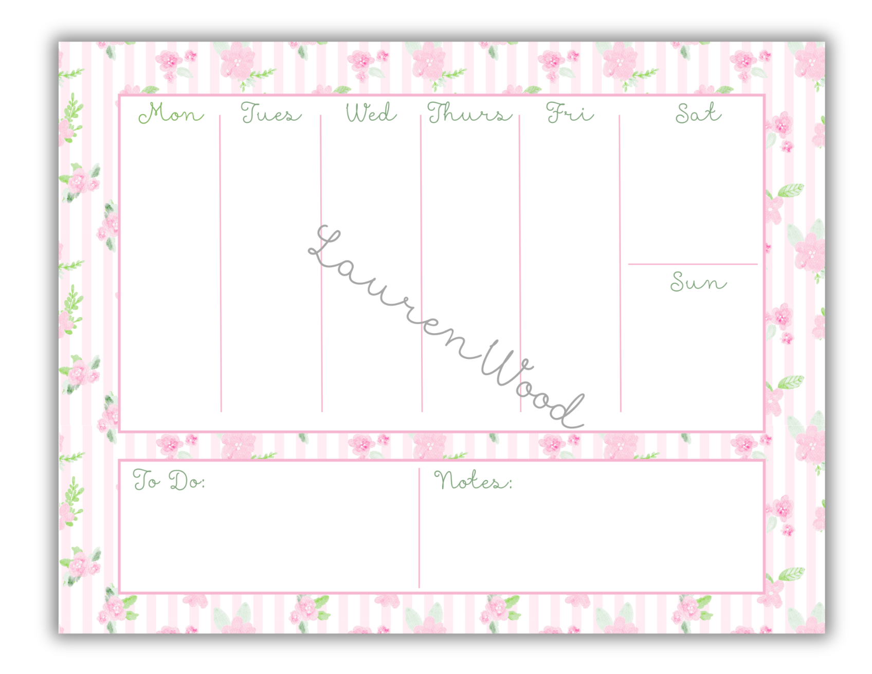 Weekly planner with floral border and 'Lauren Wood' branding on a white background