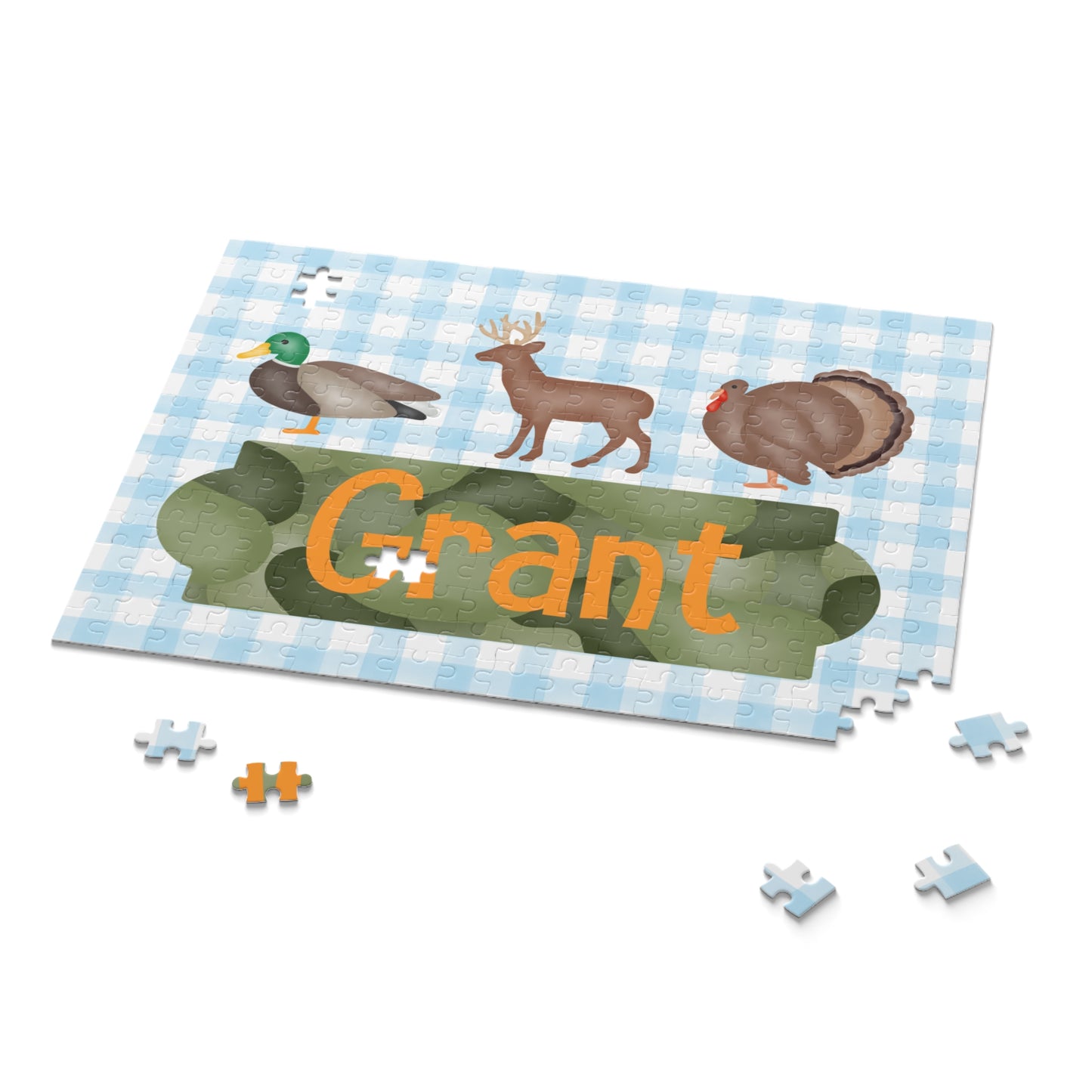 Personalized Kids Hunting Animals Puzzle — Name Puzzle with Duck, Deer & Turkey (120/252/500 pcs)
