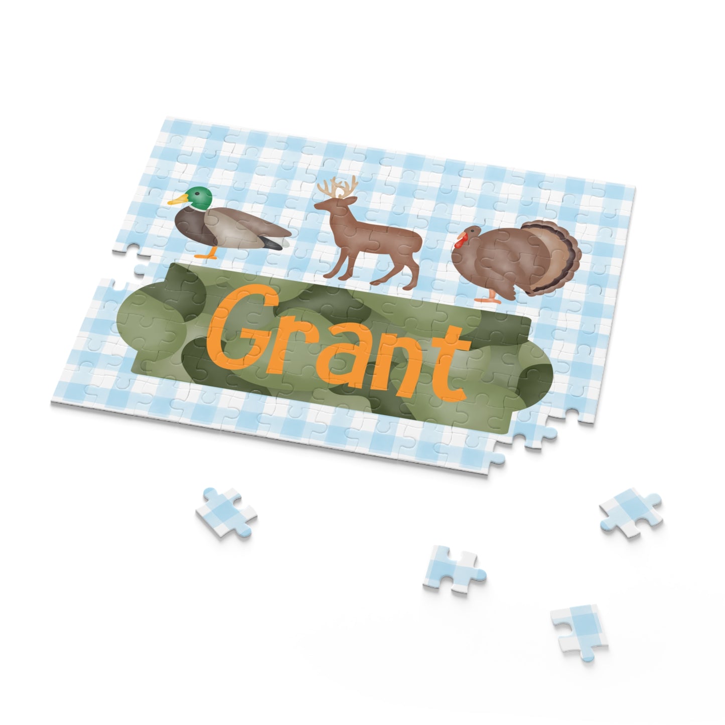 Personalized Kids Hunting Animals Puzzle — Name Puzzle with Duck, Deer & Turkey (120/252/500 pcs)