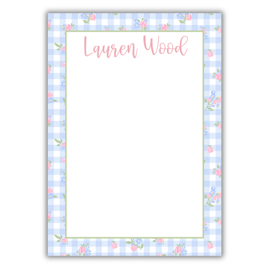 Blue Gingham and Floral Notepad