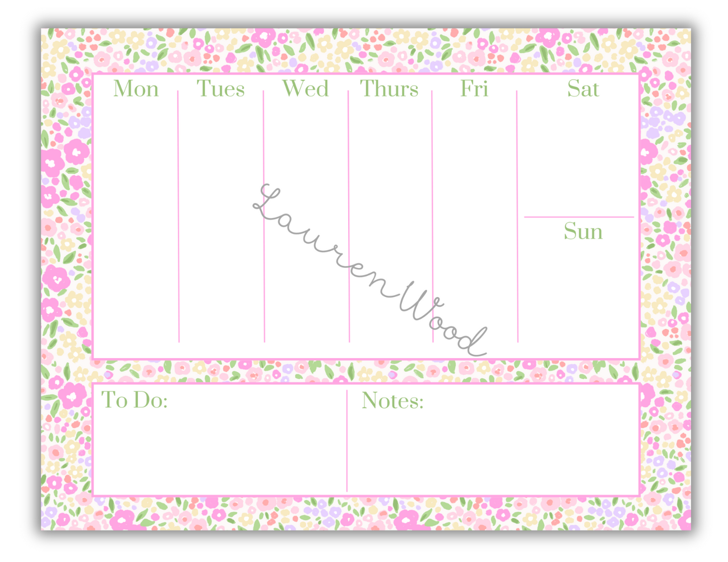 Weekly planner with floral border and personalized name