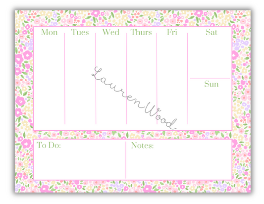 Weekly planner with floral border and personalized name