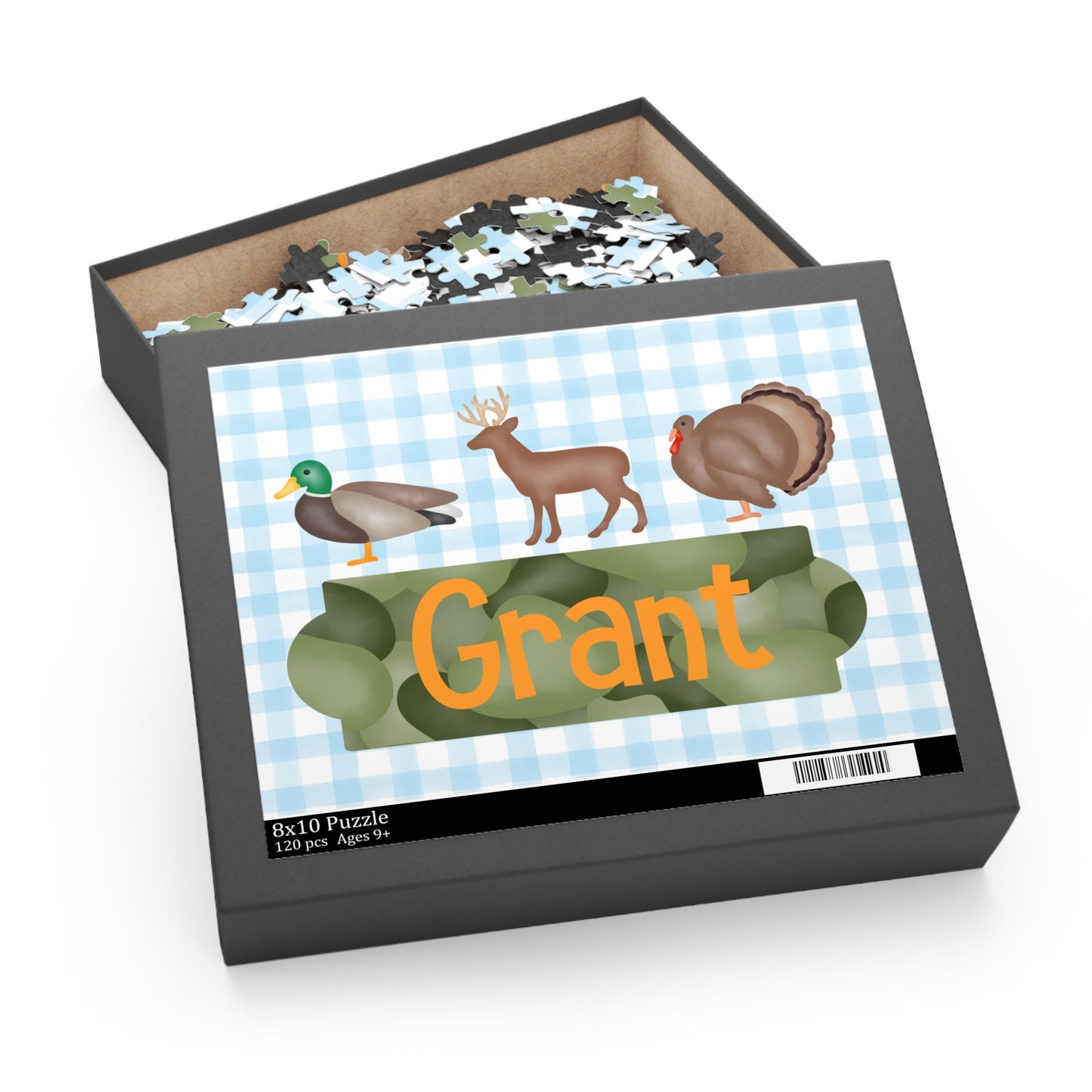 Personalized Kids Hunting Animals Puzzle — Name Puzzle with Duck, Deer & Turkey (120/252/500 pcs)