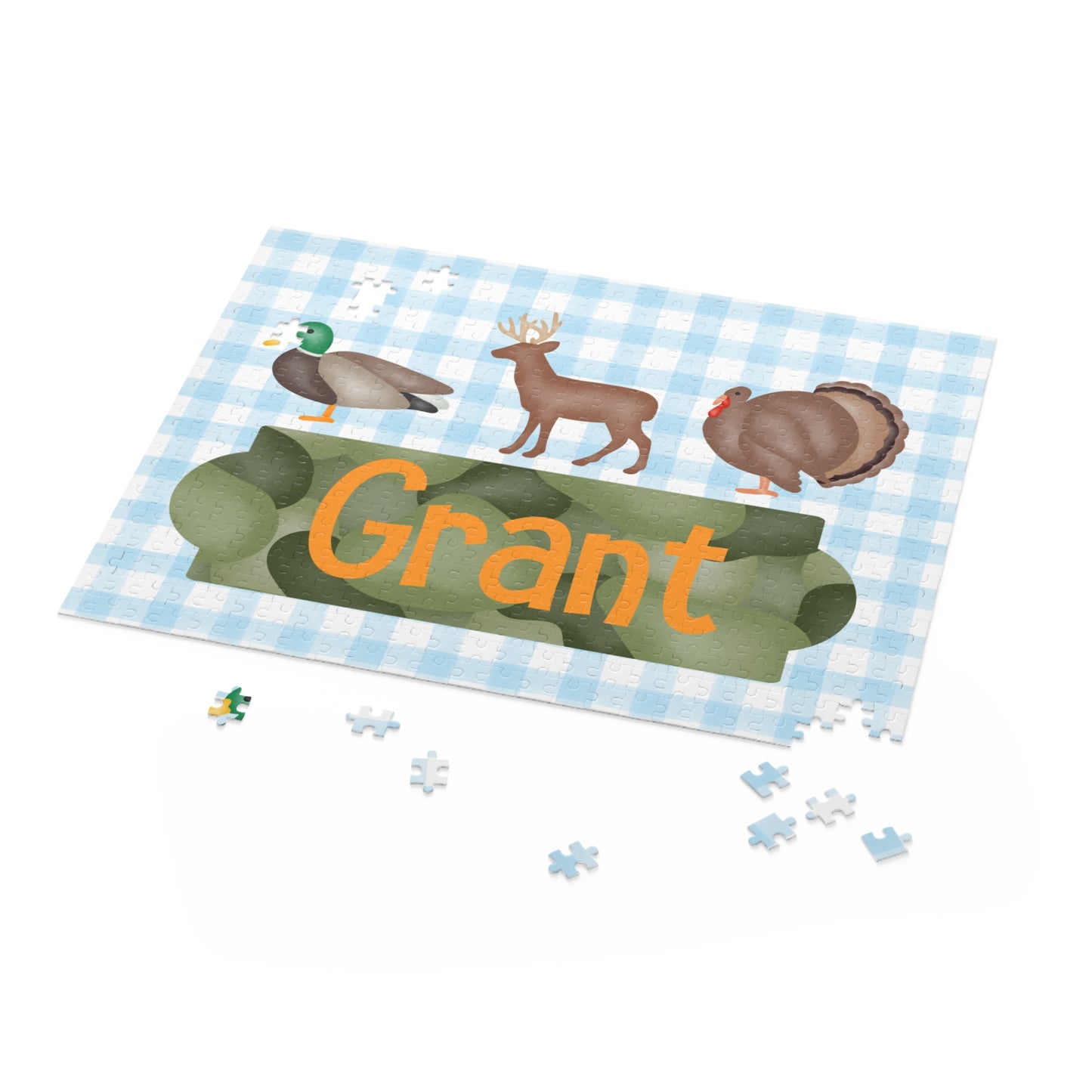 Personalized Kids Hunting Animals Puzzle — Name Puzzle with Duck, Deer & Turkey (120/252/500 pcs)