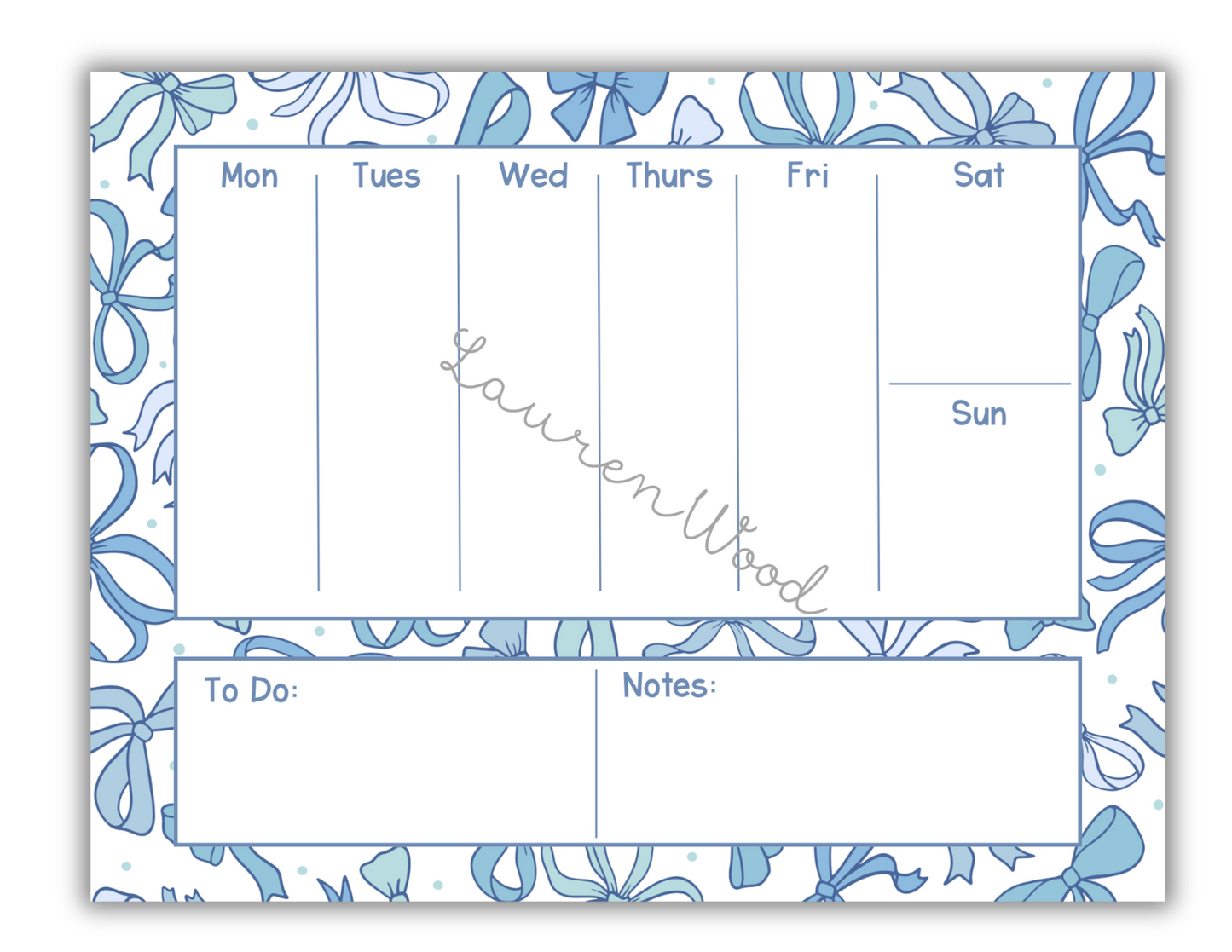 Weekly planner with floral border and personalized name on a white background