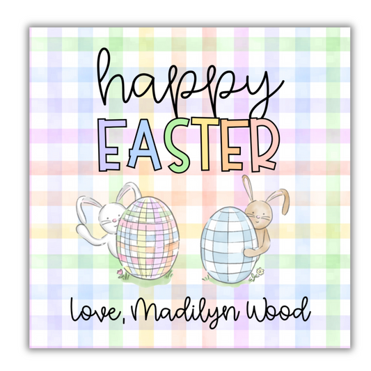 Happy Easter card with pastel colors, bunnies, and eggs on a plaid background.